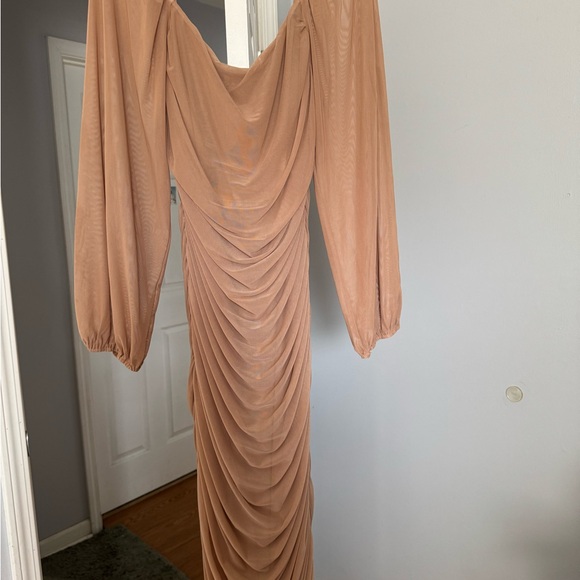 Elegant Tan Dress with Sheer Sleeves - Picture 2 of 5